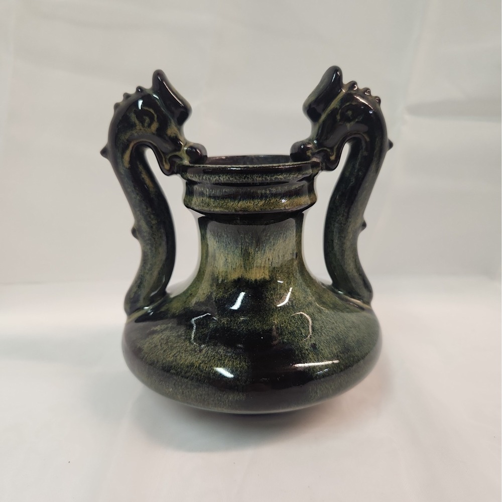 Terra Cotta Ceramic Dragon Vase Studio Pottery Green Black Drip Glaze VTG